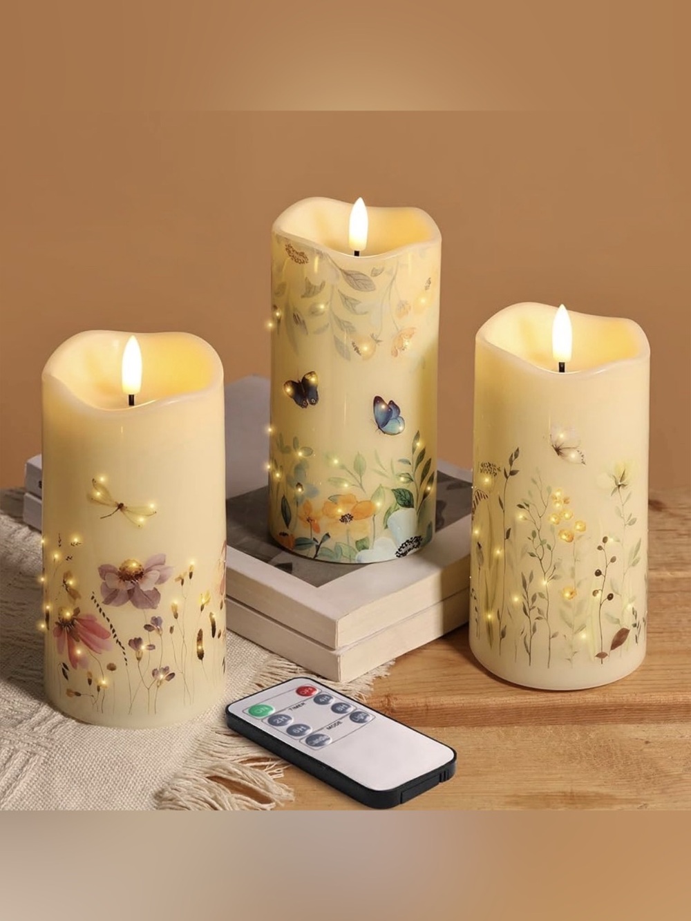 NWT 3-Pack Cream Floral LED Pillar Candles with Remote MULTI DESIGNS AVAILABLE